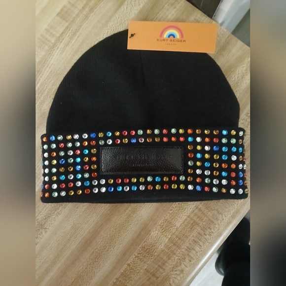 Kurt Geiger Accessories - Kurt Geiger NWT Black Beanie With Multi Colored Stones